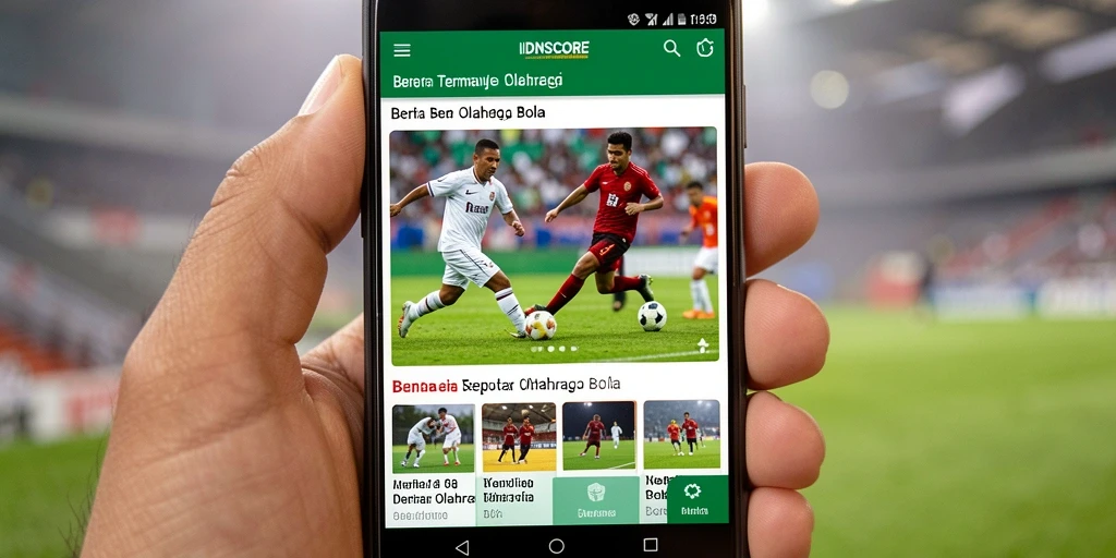 Antarmuka IDNSCORE menampilkan berita dan statistik olahraga bola terkini.